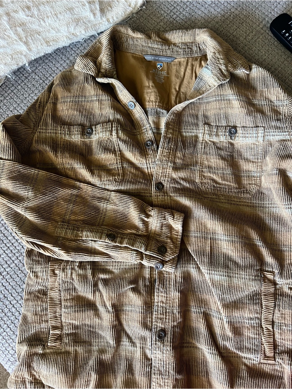 Kuhl Tan Corduroy Lightweight Shirt Jacket with Subtle Plaid